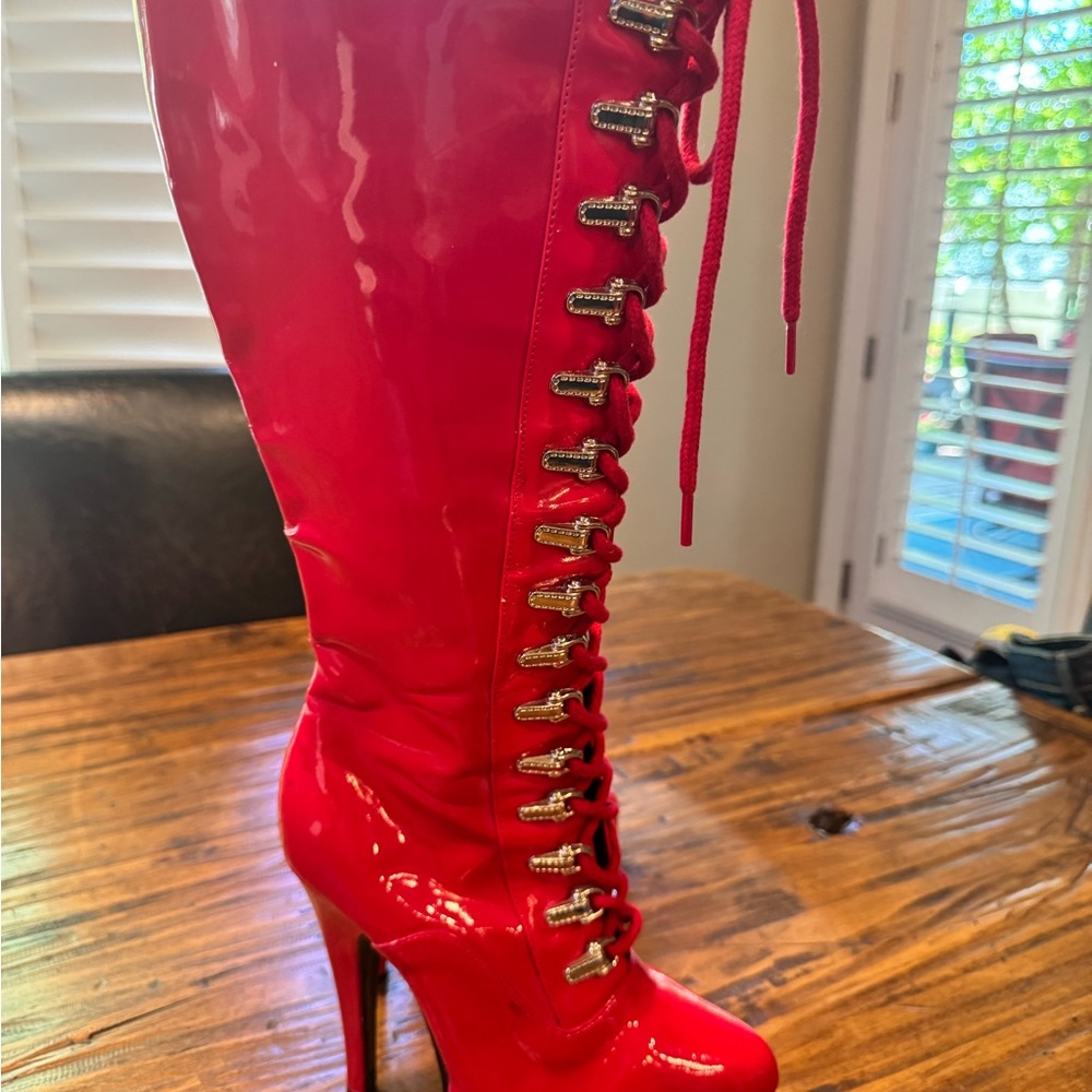 Source Unknown Bold Red Patent Lace-Up Over-the-Knee Stiletto Boots